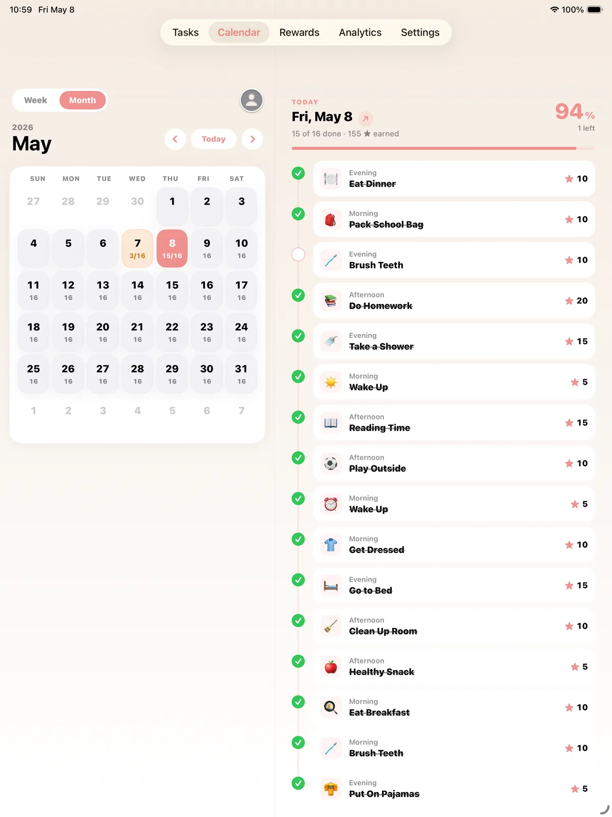 Vigdís on iPad — full-width calendar