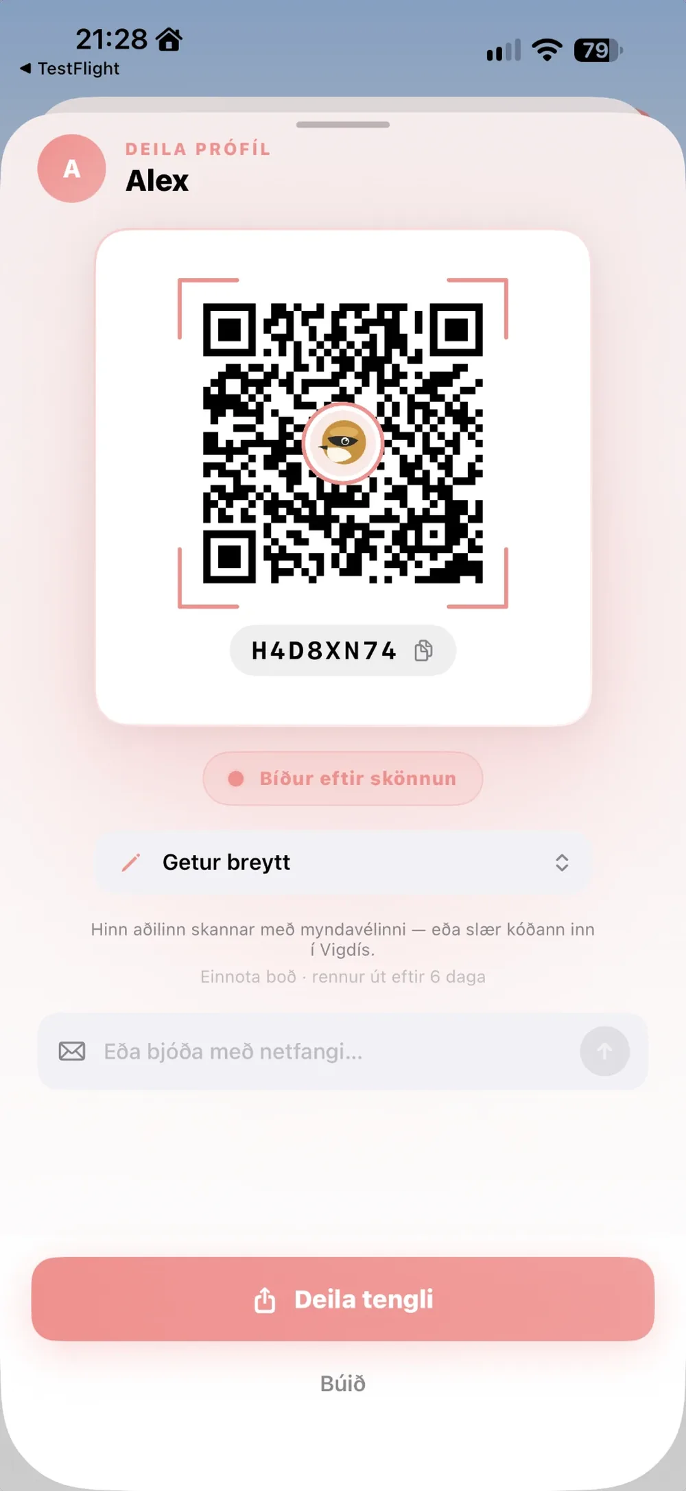 Vigdís prófíldeiling — QR-kóði til að bjóða öðru foreldri