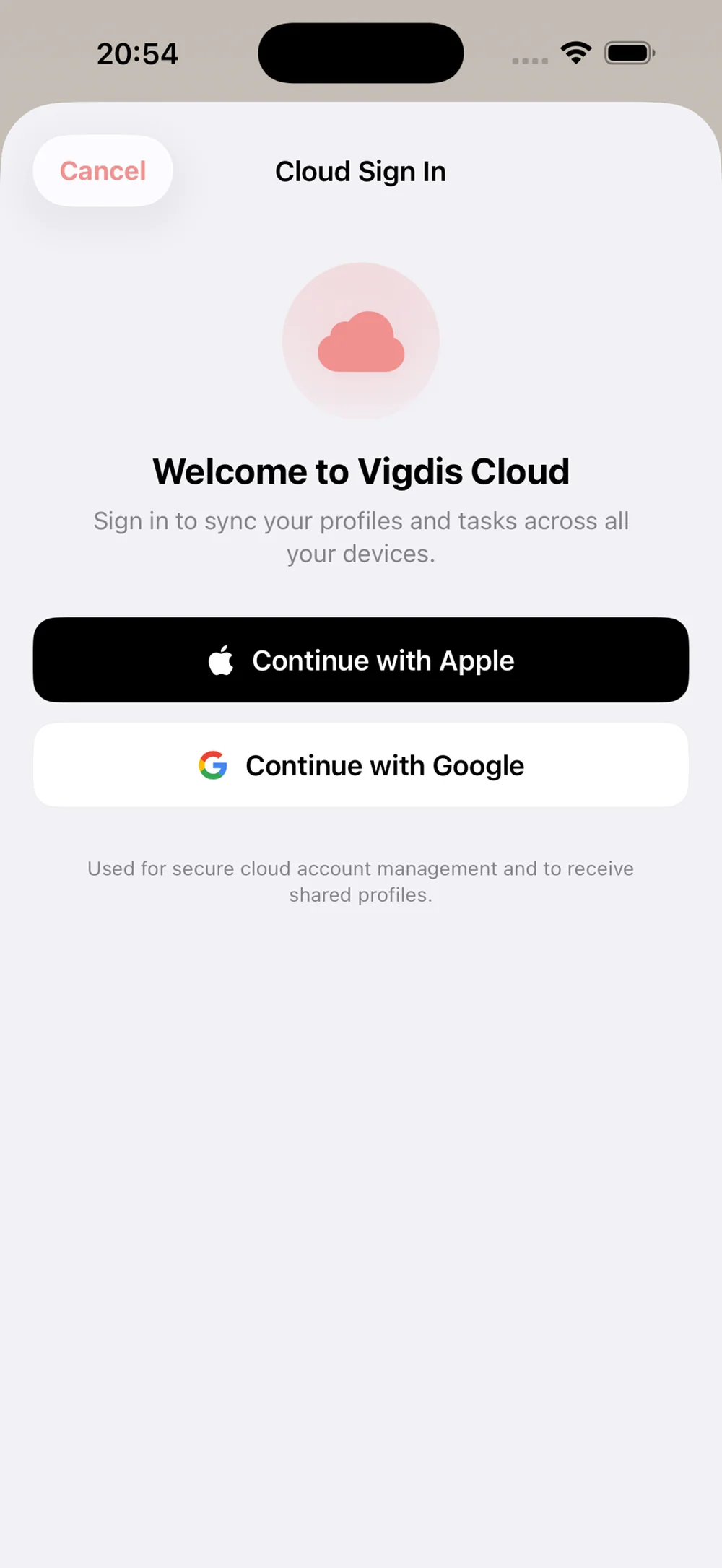 Sign-in sheet with Apple and Google buttons